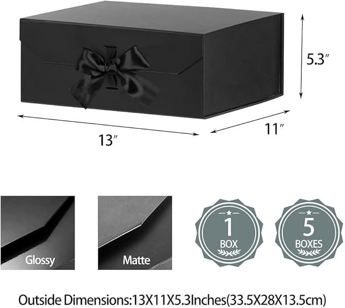 Black Gift Boxes Large 13x11x5.3 Inches, Black Boxes with Ribbon, Gift Box with Lid Magnetic Closure, Christmas Gift Boxes for Presents Graduation Storage (Matte Black)