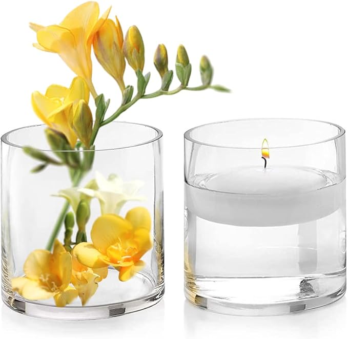Enova Floral Set of 4 Clear Cylinder Glass Vase, 5W x 5H Inches Round Flowers Vase, Pillar Candle Floating Candle Holders, Floral Glass Vase for Home Office Decor, Wedding Centerpiece