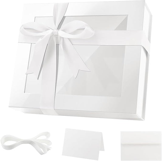 PACKQUEEN Extra Large White Gift Box with Window, 16.3x14.2x5 Inches Clear Gift Box for Present Contains Ribbon, Card, Bridesmaid Proposal Box with Lid (Glossy White)