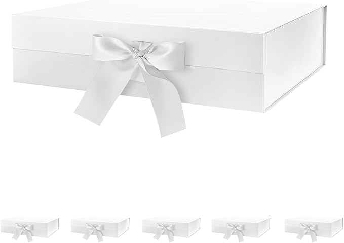 BLK&WH 6 Large Gift Boxes with Ribbon 13.5x9x4.1 Inches, White Gift Boxes with Lids Large, Bridesmaid Proposal Boxes, Luxury Magnetic Boxes for presents (Glossy White)