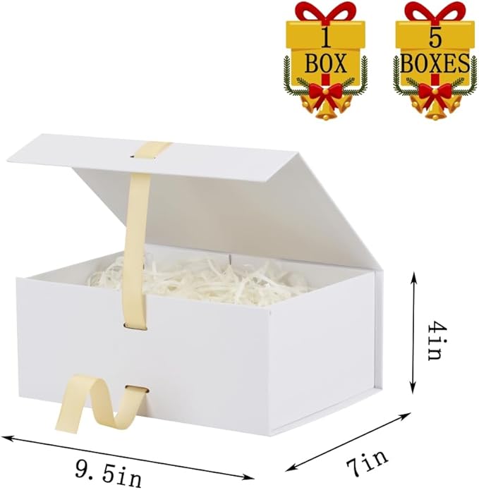 BoxSkivra White Gift Box with Shredded Paper 1 Pack 9.5X7X4 Inch Small Magnetic Gift Box with Lid Rectangle Collapsible Luxury Box with Ribbon for Presents Crinkle Cut Paper Shred with Card