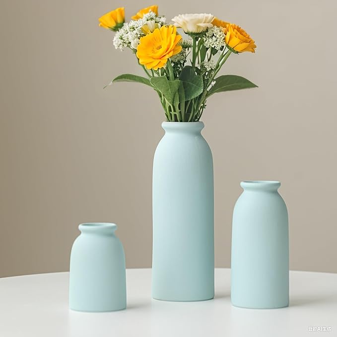 Ceramic Vase Set-3, Small Flower Vases for Decor, Modern Boho Farmhouse Style, Decorative Vases for Pampas Grass & Dried Flowers, Distressed Finish (Blue)