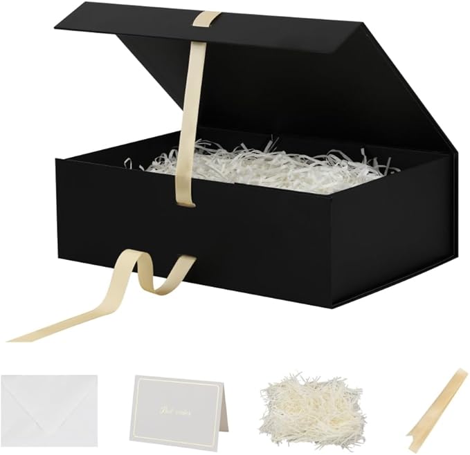 Skivra Large Black Gift Box with Ribbon - 13x9x4 Inch Collapsible Luxury Gift Box for Women - Magnetic Lid Closure - Includes Shredded Paper Filler & Card
