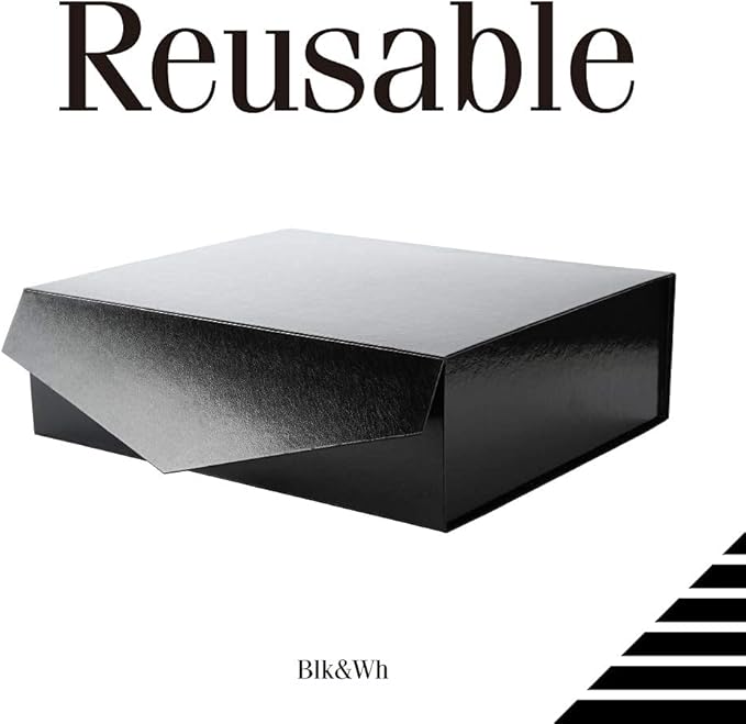 BLK&WH 3 Extra Large Gift Boxes with Lids 16.3x14.2x5 Inches, Black Gift Boxes for Clothes and Large Gifts (Glossy Black with Grass Texture)