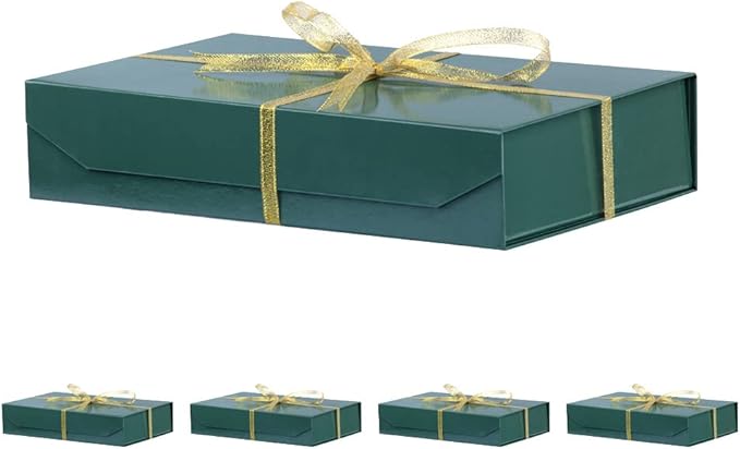 5 Pack Green Gift Boxes with Lids - Small 12 x 8 x 2.7 Inches Clothes Gift Boxes for Presents and Shirts - Magnetic Boxes with Ribbon - Bulk Cute Packaging Boxes (Glossy Surface)