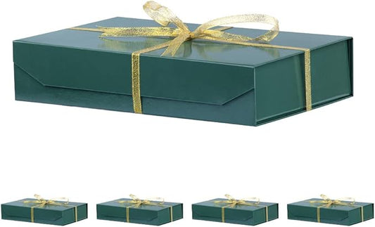 5 Pack Green Gift Boxes with Lids - Small 12 x 8 x 2.7 Inches Clothes Gift Boxes for Presents and Shirts - Magnetic Boxes with Ribbon - Bulk Cute Packaging Boxes (Glossy Surface)
