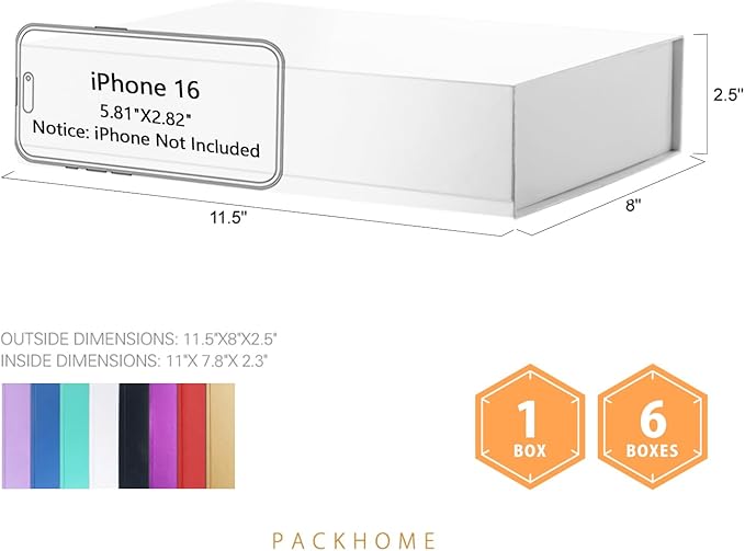 PACKHOME Gift Box 11.5x8x2.5 Inches, Sturdy Shirt Box with Magnetic Lid for Multiple Occasions (Glossy White)