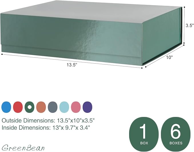 GREEN BEAN 6 Gift Boxes 13x9.7x3.4 Inches, Large Green Gift Boxes with Lids for Presents, Magnetic Gift Boxes for Clothes, Shirt Gift Boxes (Glossy Metallic Green, Dot Design Inside)