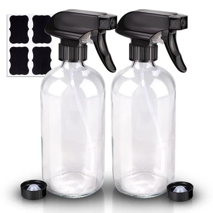 Wedama Glass Spray Bottle, 2 Pack Clear 16 oz Glass Spray Bottles for Cleaning Solutions and Essential Oils, Refillable Empty Spray Bottle with Adjustable Nozzles for Alcohol, Plant and Hair Care