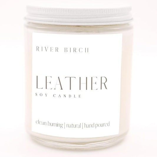 River Birch Candles Leather Scented Candle | Premium, All-Natural, Non-Toxic, Soy Candles | 8.5oz 40 Hr Burn Time | Cozy Relaxing Gifts for Home