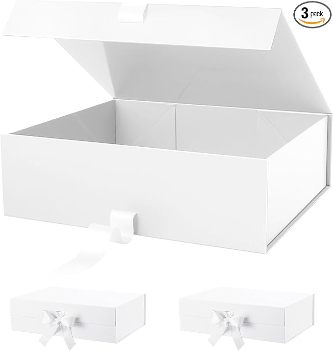 PACKHOME 17x14.5x5.5 Inches, 3 Extra Large Gift Boxes with Lids, Magnetic Closure Boxes with Ribbon for Clothes and Large Gifts (Glossy White)