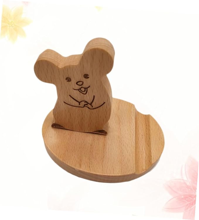 Wooden Desktop Phone Holder Cartoon Mouse Design Portable Stand for Smartphones Tablets Sturdy Ergonomic Viewing for Office Kitchen Nightstand