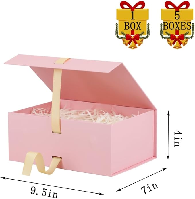 BoxSkivra Pink Gift Box with Shredded Paper 1 Pack 9.5X7X4 Inch Small Magnetic Gift Box with Lid Rectangle Collapsible Luxury Box with Ribbon for Presents Crinkle Cut Paper Shred with Card