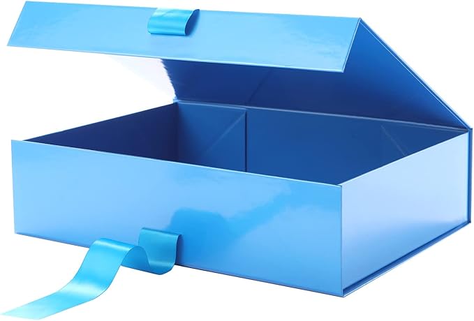 GREEN BEAN Large Gift Box with Lid for Presents 13x9.7x3.4 Inches, Fathers Day Blue Magnetic Gift Box with Ribbon, Groomsmen Proposal Box, Luxury Gift Boxes (Glossy Blue)