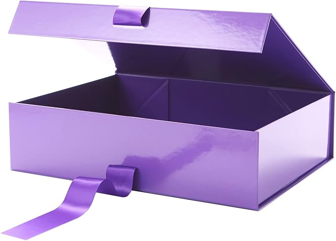 GREEN BEAN Large Gift Box with Lid for Presents 13x9.7x3.4 Inches, Purple Magnetic Gift Box with Ribbon, Bridesmaid Proposal Box (Glossy Purple)