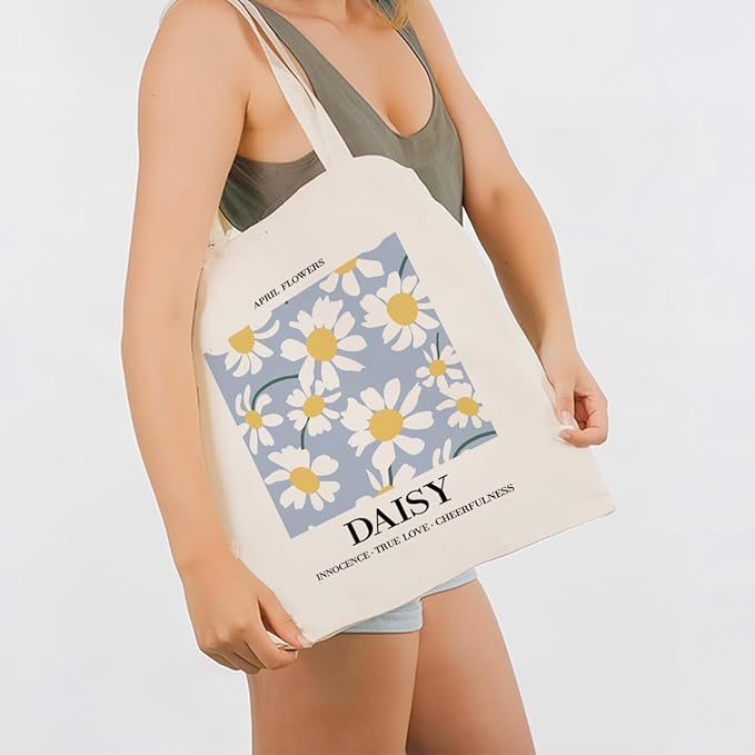 Flower Canvas Tote Bag, April Daisy Reusable Shoulder Bags, Gifts to Sister and Friends, Holiday Gift Bags for Wrap Storage, Casual Canvas Totes for Work Traveling