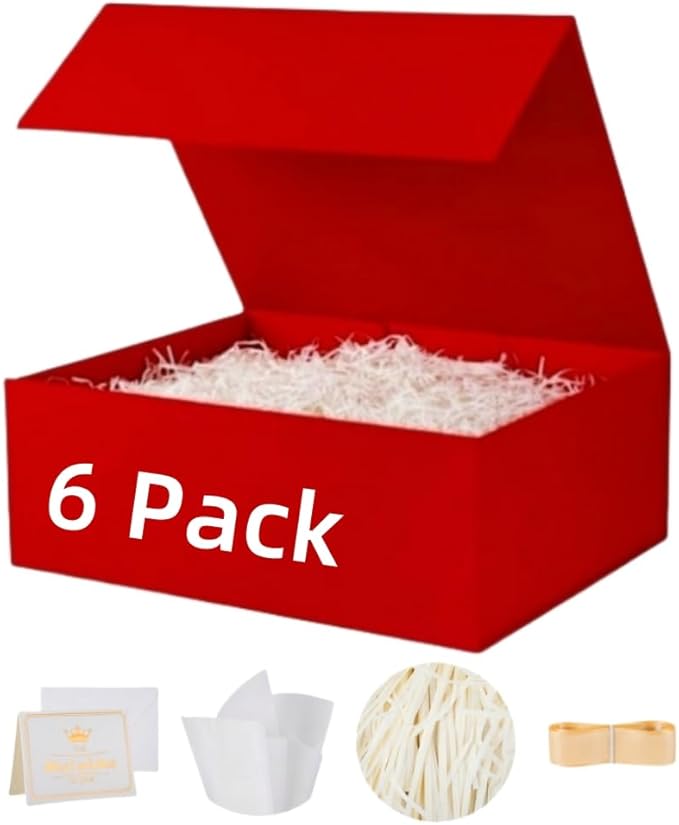 UoeRing 6 Pack Red Gift Box 9.5x6x3 inch Small Luxury Gift Box for Presents with Magnetic Lid Collapsible,Valentine's Day,Christmas,Contains Card, Ribbon, Tissue Paper,Shredded Paper Fille