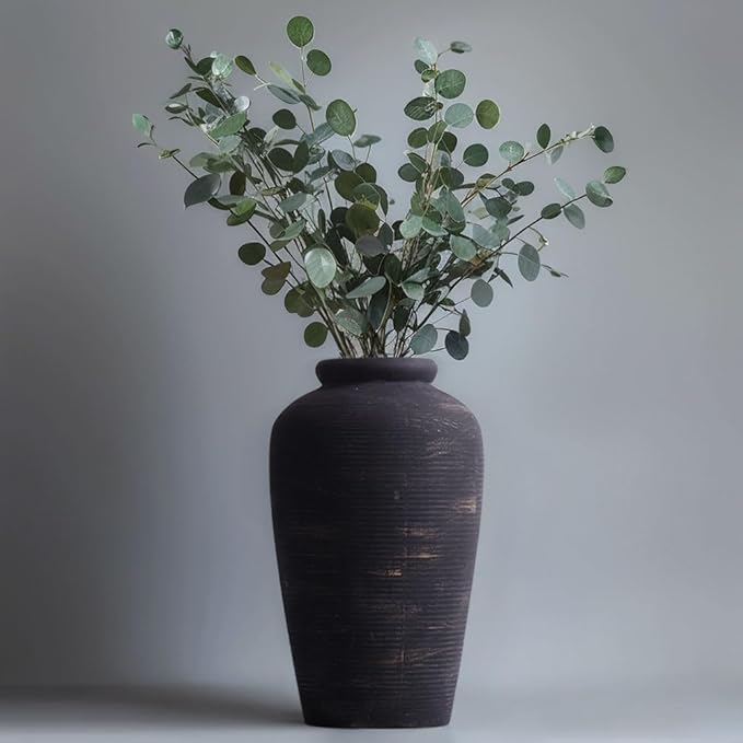 Handmade Black Vase - 11" Tall Large Ceramic Rustic Vase, Black Vintage Decorative Vase, Farmhouse Black Vase for Home Decor, Living Room, Shelf Decor, Enterway, Table, Fireplace Decoration