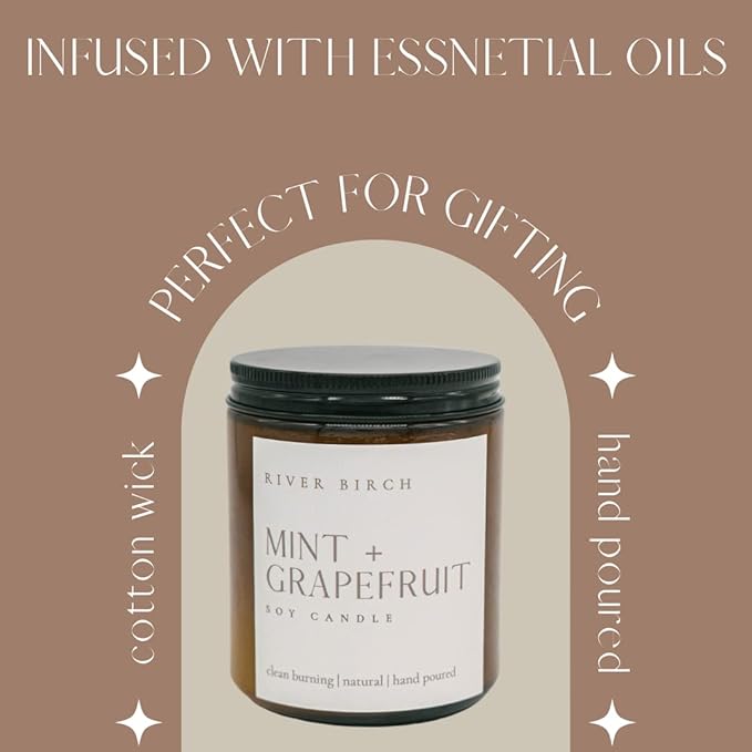 River Birch Candles Mint + Grapefruit Scented Candle | Premium, All-Natural, Non-Toxic, Soy Amber Jar Candles | 8.5oz 40 Hr Burn Time | Cozy Relaxing Gifts for Home