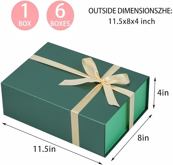 UoeRing 6 Pack Green Gift Box 11.5x8x4 inch Luxury Gift Box for Presents with Magnetic Lid Collapsible,Birthday,Christmas,Contains Card, Ribbon, Tissue Paper,Shredded Paper Fille