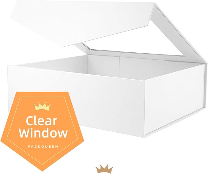 PACKQUEEN Extra Large White Gift Box with Window, 16.3x14.2x5 Inches Clear Gift Box for Present Contains Ribbon, Card, Bridesmaid Proposal Box with Lid (Glossy White)