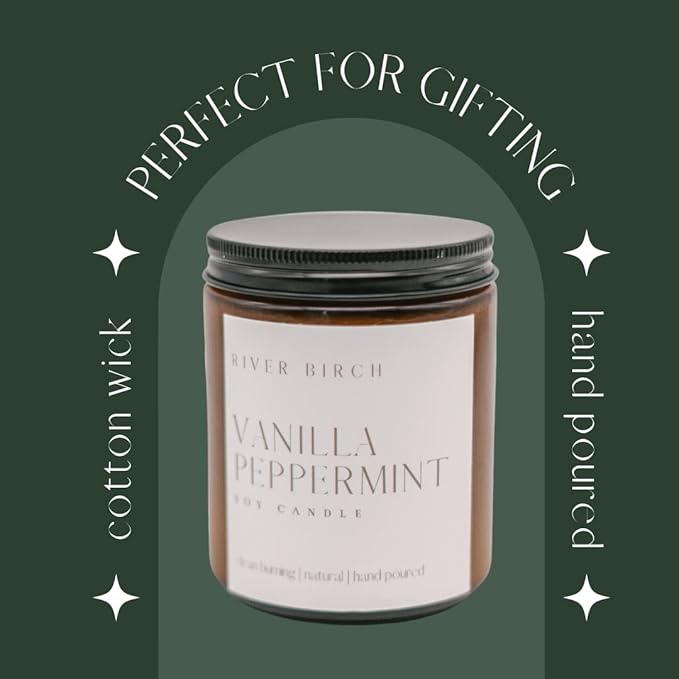 River Birch Candles Vanilla Peppermint Scented Candle | Premium, All-Natural, Non-Toxic, Soy Amber Jar Candles | 8.5oz 40 Hr Burn Time | Cozy Relaxing Gifts for Home