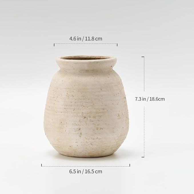 SIDUCAL Ceramic Rustic Farmhouse Vase | 7.3 Inch Pottery Decorative Flower for Home Decor | Sand Glaze Finish Boho Vase for Table, Living Room, Bathroom Decoration, Shelf Decor, Mantel, White