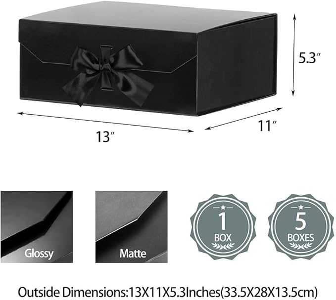 Black Large Gift Boxes 13x11x5.3 Inches, Gift Boxes with Ribbons, Gift Wrap Boxes with Lid Magnetic Closure, Christmas Gift Boxes, Rectangle Collapsible Gift Boxes for Men Shoes (Glossy Black)