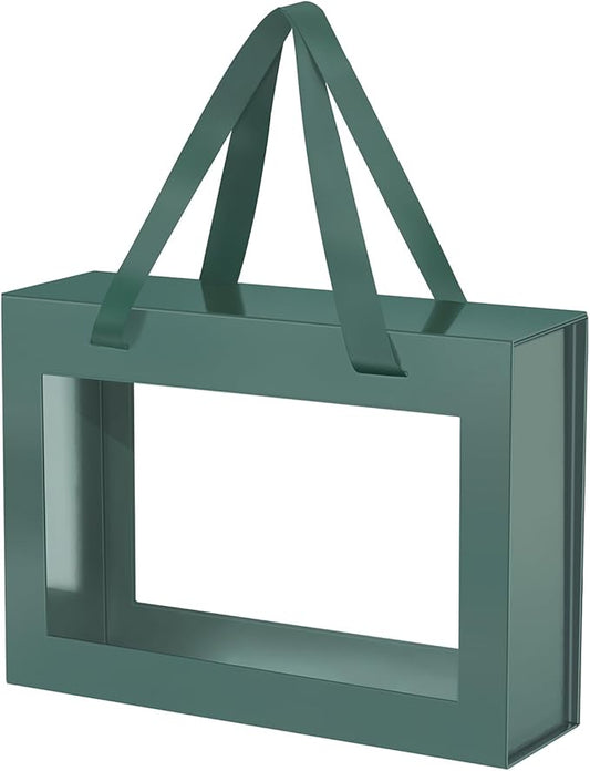 Green Gift Box with Window, Gift Box with Lid and Handle, Clear Magnetic Gift Box for Present, Bridesmaid Proposal Box (10.5x7.5x3 Inches