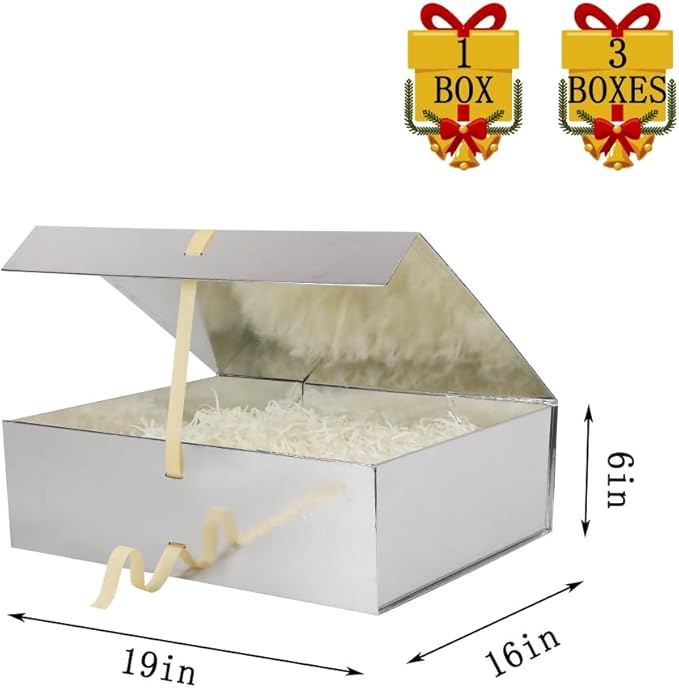 Extra Large Magnetic Gift Box with Lids 3 Pack 19x16x6 Inch Silver Large Gift Box with Ribbon Foldable Gift Boxes for Presents Jumbo Box with Shredded Paper & Cards for Groomsman Proposal