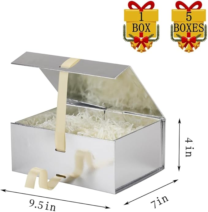 BoxSkivra Silver Gift Box with Shredded Paper 1 Pack 9.5X7X4 Inch Small Magnetic Gift Box with Lid Rectangle Collapsible Luxury Box with Ribbon for Presents Crinkle Cut Paper Shred with Card