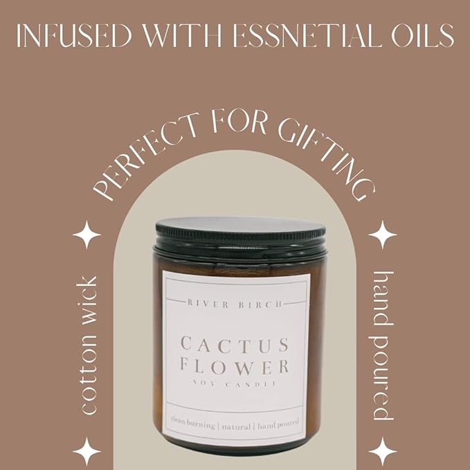 River Birch Candles Cactus Flower Scented Candle | Premium, All-Natural, Non-Toxic, Soy Amber Jar Candles | 8.5oz 40 Hr Burn Time | Cozy Relaxing Gifts for Home
