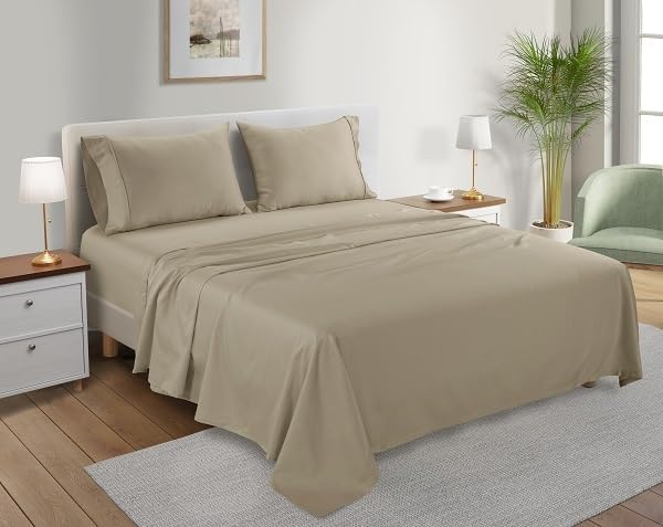 300TC 100% Organic Cotton Twin XL Size Sheets Set, XL Twin Bed Sheets Luxury Hotel Collection Fully Elasticated Sheet & Pillowcase Sets, Machine Washable No Pill Fade Resistant-Tan