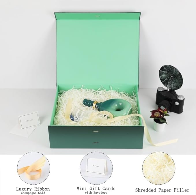 BoxSkivra Large Green Gift Box with Ribbon 1 Pack 16.5X13X5.3 Inch Extra Large Magnetic Gift Box with Lid Magnetic Closure Rectangle Collapsible Luxury Boxes for Presents 、Shredded Paper Filler & Card