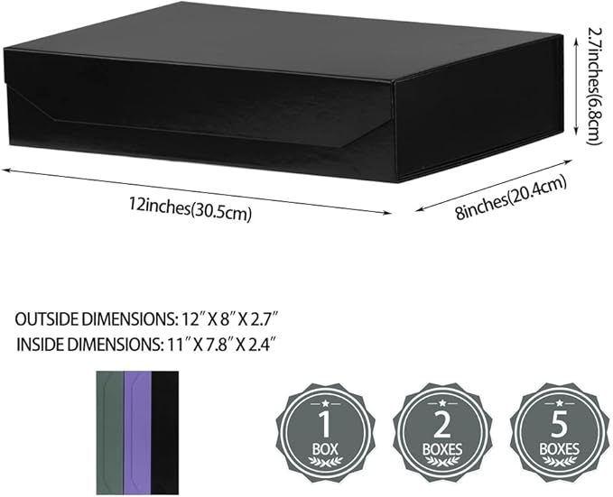 5 Pack Black Gift Boxes with Lids Small 12 x 8 x 2.7 Inches Clothes Gift Boxes for Presents Shirt Gift Boxes with Ribbon Magnetic Gift Boxes Bulk Cute Box for Packaging (Glossy Surface)