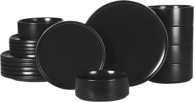 GZG Classic Series - Plates and Bowls Set for 6, 18 Piece Stoneware Dinnerware Sets, Microwave and Dishwasher Safe Lead-Free Handcrafted Ceramic Dishes Set - Matte Black