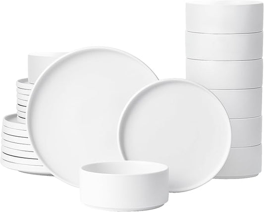 GZG Classic Series - Plates and Bowls Set for 8, 24 Piece Stoneware Dinnerware Sets, Microwave and Dishwasher Safe Lead-Free Handcrafted Ceramic Dishes Set - Ivory White