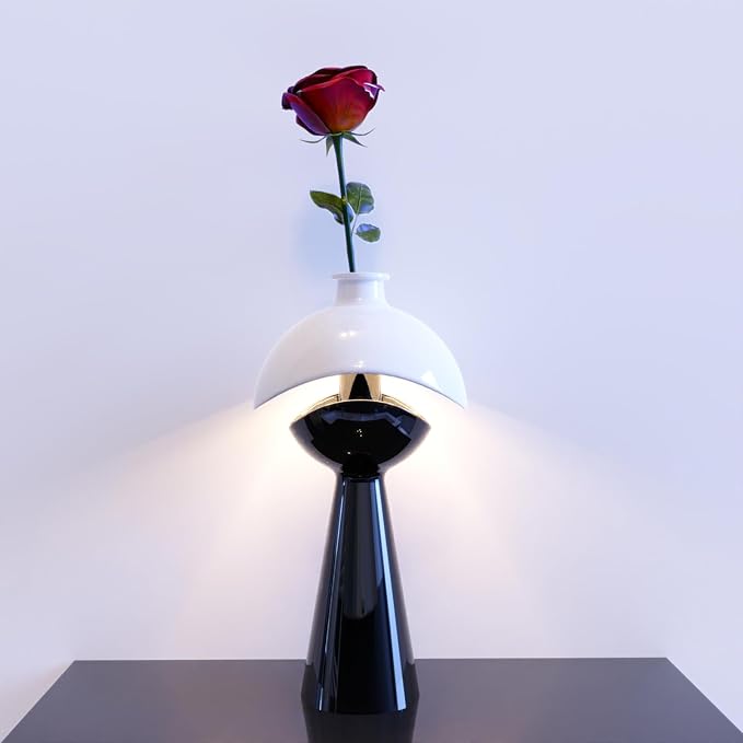 Modern Black and White Glossy Ceramic vase with Built-in LED Light, Perfect for Living Room, Bedroom, Foyer, or Office décor. Ideal Flower vase, Night lamp, and Elegant Wedding or Housewarming Gift.