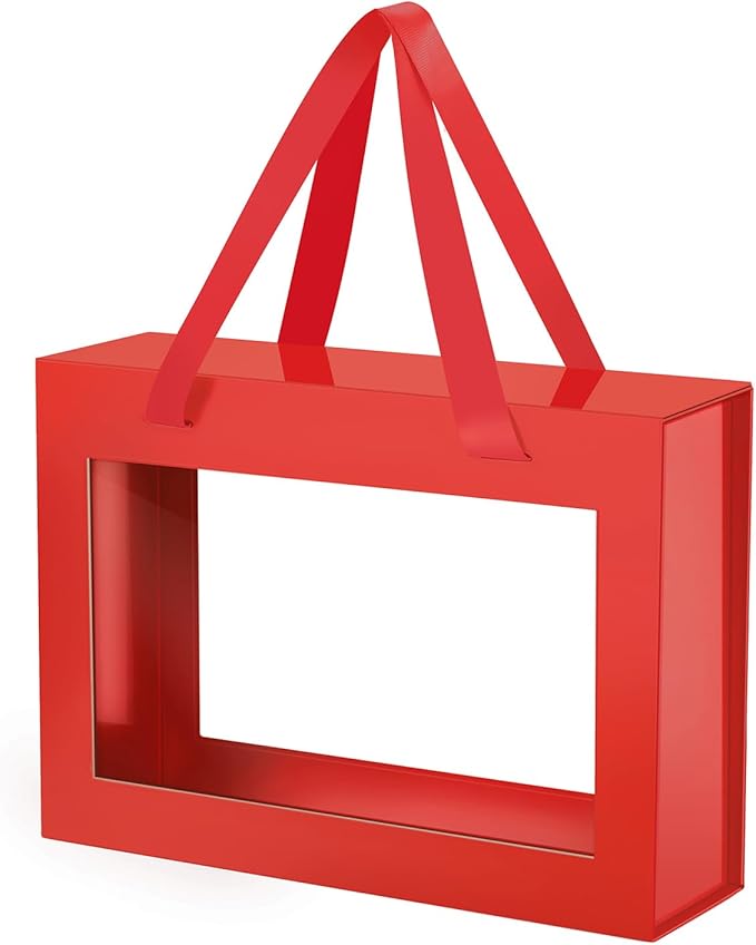 Red Gift Box with Window, Clear Magnetic Gift Box with Handle for Present, Bridesmaid Proposal Box (10.5x7.5x3 Inches