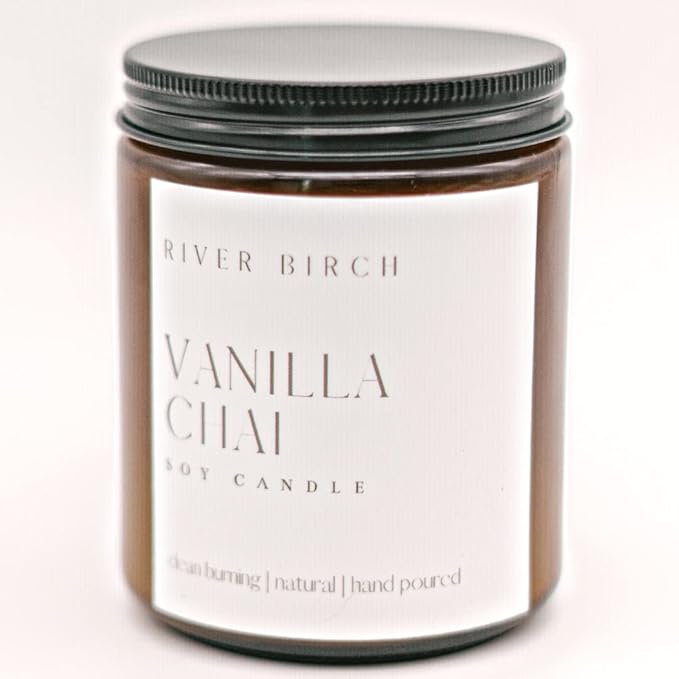 River Birch Candles Vanilla Chai Scented Candle | Premium, All-Natural, Non-Toxic, Soy Amber Jar Candles | 8.5oz 40 Hr Burn Time | Cozy Relaxing Gifts for Home