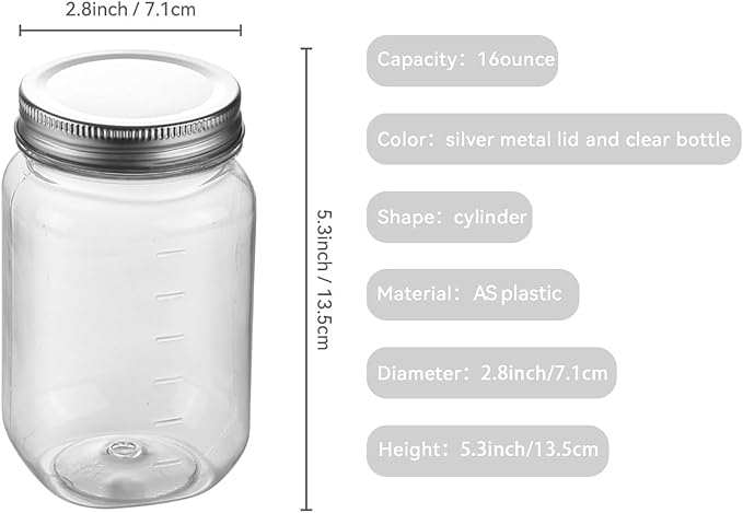 novelinks 16 oz Clear Plastic Jars with Screw-On Lids - BPA-Free Refillable Storage Containers for Slime, Food, Crafts, Kitchen & Household Use (24 Pack,Silver)