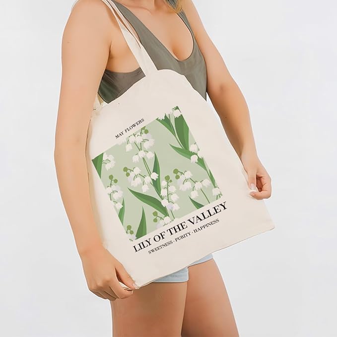 Flower Canvas Tote Bag, May Dily of The Valley Reusable Shoulder Bags, Gifts to Sister and Friends, Holiday Gift Bags for Wrap Storage, Casual Canvas Totes for Work Traveling