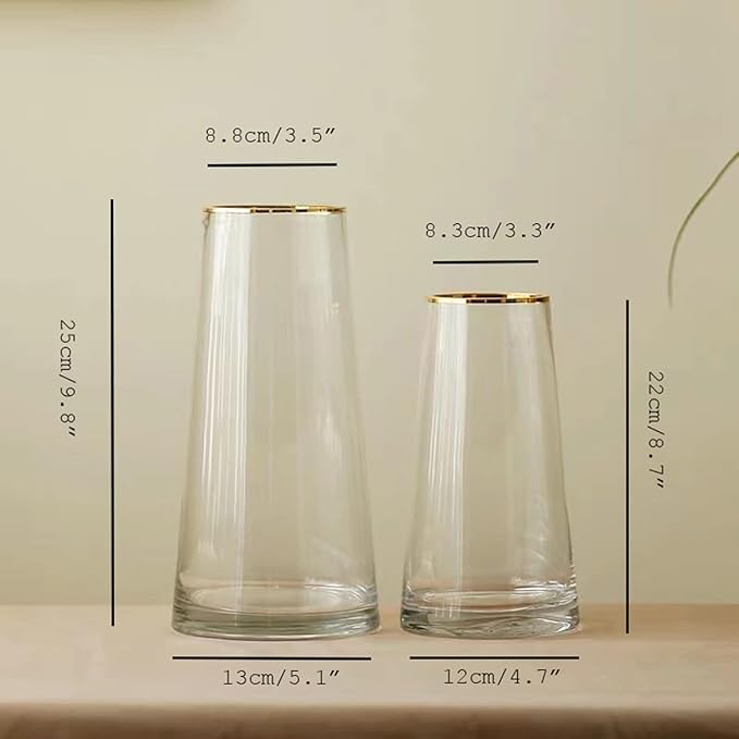 Moden Trapezoid Glass Vase with Gold Mouth for Centerpieces Home Wedding Decoration (1, Small 4.7" x 8.7")