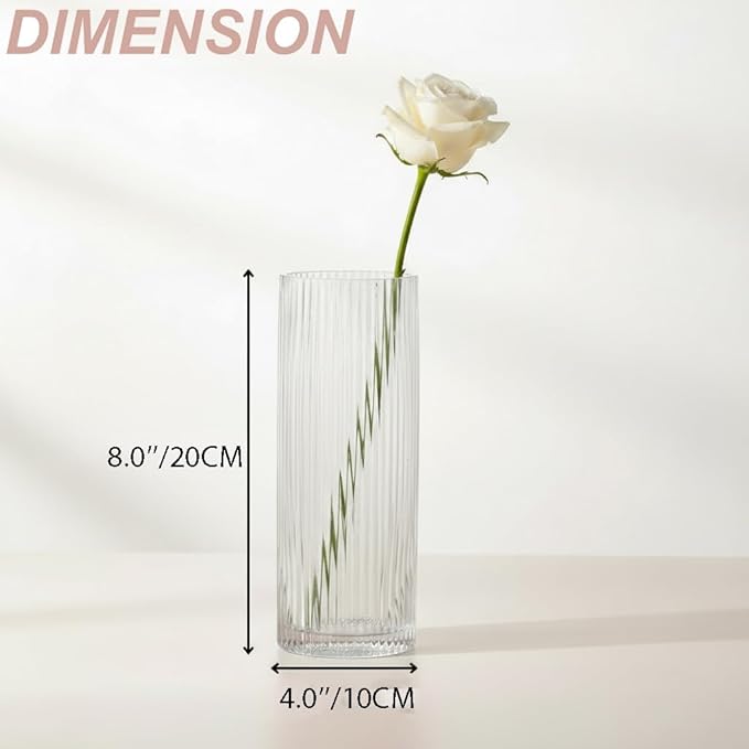 Clear Glass Vases, Flower Vases Set of 3, Ribbed Glass Vase for Tulips, Tall Cylinder Glass Vases for Living Room, Bedroom, Dining Table, Office, Wedding, Bookshelf Decoration, 8 Inches