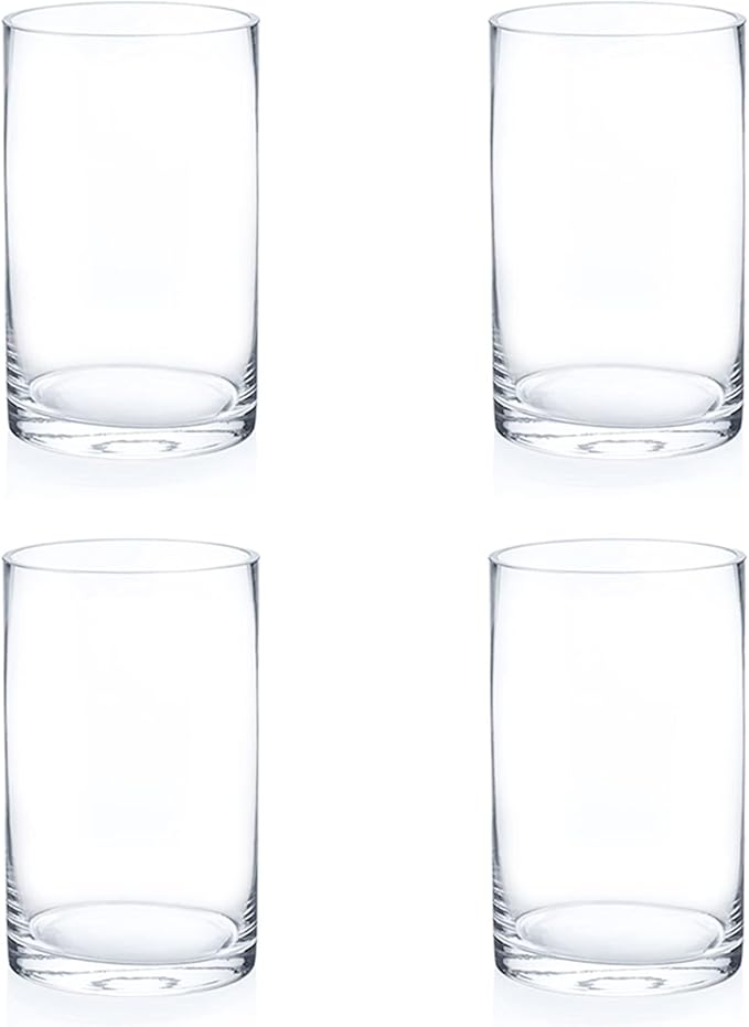 Enova Floral Clear Glass Flower Vase, 6W x 10H Inches Round Flower Vase, Pillar Candle Floating Candle Holders, Tall Cylinder Glass Vase for Flowers, Glass Vase for Home Decor, Wedding (Pack 4)