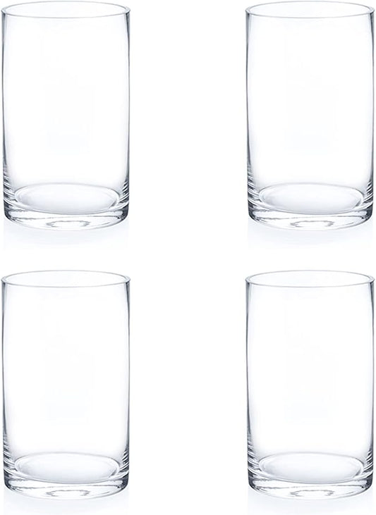 Enova Floral Clear Glass Flower Vase, 6W x 10H Inches Round Flower Vase, Pillar Candle Floating Candle Holders, Tall Cylinder Glass Vase for Flowers, Glass Vase for Home Decor, Wedding (Pack 4)