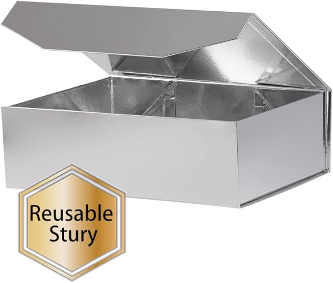 1Pcs 13x9x4 Inches Silver Gift Boxes with Lids for Presents Magnetic gift box large Gift Box for Bridesmaid Proposal，Groomsman (Glossy Silver)