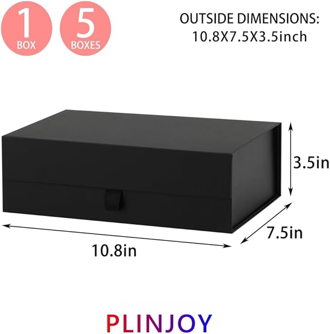 5 Pcs Black Gift Box for Presents 10.8x7.5x3.5 Inches Magnetic Gift Boxes with Lid Luxury Gift Box for Rectangle Collapsible for Bridesmaid, Wedding, Birthday Gift Packging