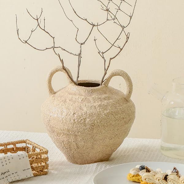 Ceramic Flower Vase, Large Farmhouse Vases Home Decor, Handmade Rustic Vase with Handles, Decorative Flower Vase for Home Entryway Living Room Dining Table Farmhouse Office Decor(8.6inch)