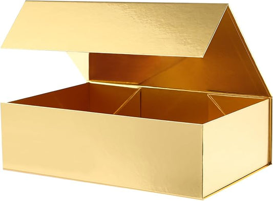 Large Gift Box with Lid 13.5x9x4.1 Inches, Gold Groomsman Proposal Gift Box with Magnetic Closure for All Occasion(Glossy Gold)